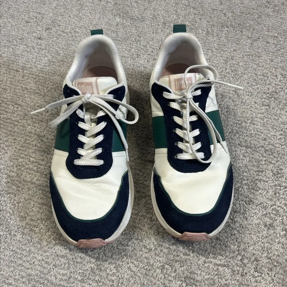 FitFlop F-Mode Shoes Womens 11 White Navy Green Leather Suede Sneakers